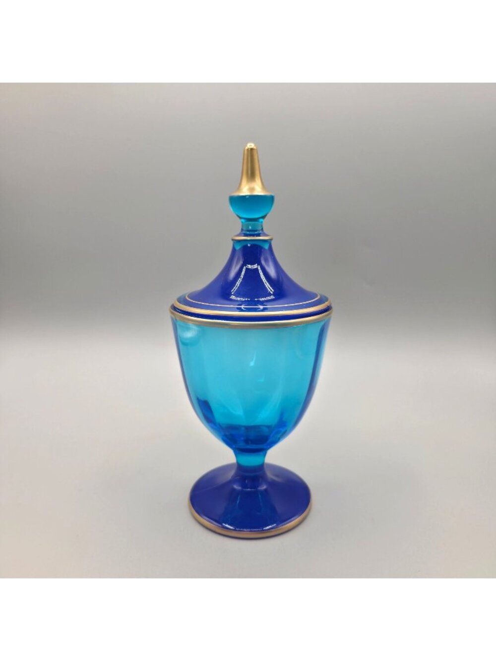 Vintage Fostoria Colonial Blue Glass Lidded Candy Pedestal Jar Gold Trim Finial